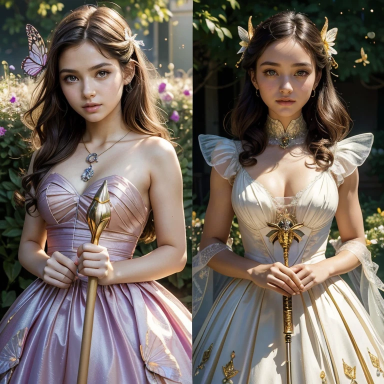 (​masterpiece, best quality:1.5), highest quality, High resolution, super detailed, Realists, Upper body photo of a brunette 14-year-old magical girl, detailed and beautiful eyes, beautiful detailed lips, very detailed eyes and face, longeyelashes, shiny satin dress, Holding a magic wand in your hand, Cast a transformation spell, She transforms the wasps into beautiful butterflies with her stick, Glowing wands available,Beautiful and colorful makeup, elegant and noble々The jewelry bag, Gardens as background, soft daylight, bright colors, fine brushstrokes, Portrait style, Silk dress fabric, beautiful color palette, glowing skin, First-class rendering, that captures every detail, enchanting atmosphere, subtle shadows and lights, (perfect anatomy:1.2), (The two stunning 14 and 12 year old Magical Girls transform wasps into beautiful butterflies. (a transformation with the magic wand:1.4), (magnificent panorama view:1.2)