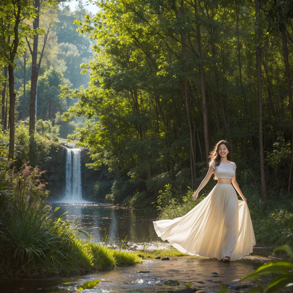 high resolution, (Official Art, beautiful and aesthetic: 1.2), See it up close, The Wide World, girl, running, Refreshing Smile, Long skirt, Distant Horizon, forest, Natural Beauty, inspiration, Lighting Effects  