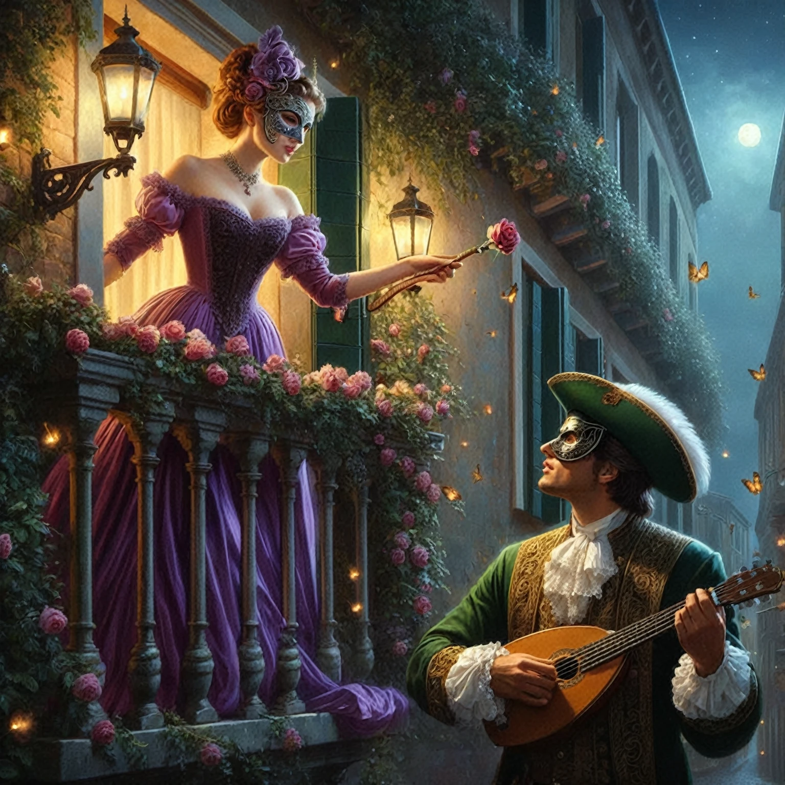 image of a man and woman in suits, playing guitar, Fantasy Victorian art, Painting of the Romantic era, Michael Horse (unreal engine, romantic picture, Baroque digital painting, Alexander Kucharsky, Pino Denis and Dan Mumford, beautiful digital images, renaissance digital painting, inspired by Michael Cheval, beautiful fantasy art, fantasy classic digital art