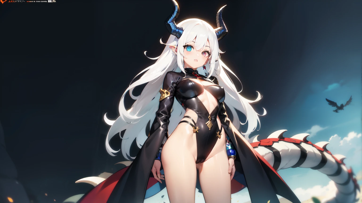 (best qualityer: 1.0), (super high resolution: 1.0), extremely detailed character, detailed hands, Half dragon girl, black horns, (extremely detailed white dragon tail), extremely detailed hair, ((White hair)), ((Black locks)), extremely detailed  eyes, heterochromia (one red eye and one blue eye), Dragon Eyes,  2d,  Madura, Anime Art, adolescent, ((whole body)), standing, large breasted, big-ass, Mediovale, RPG