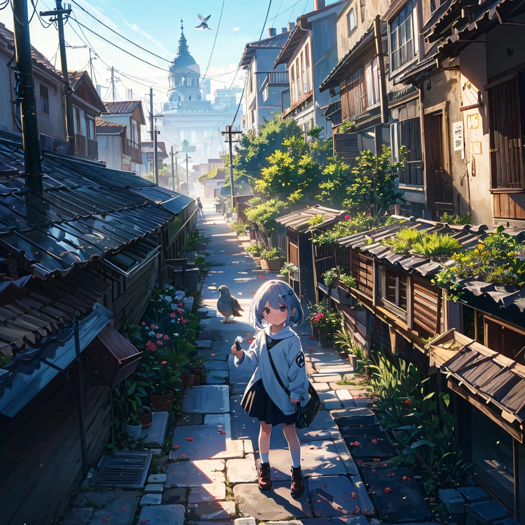 {{{Masterpiece, highest quality, high resolution background}}}, Bright and beautiful atmosphere, 1 girl (, round face, baby face), small breasts, roof of a building, pigeon coop on the roof, many pigeons They are lined up in an orderly manner. A carrier pigeon flies in the palm of a girl's hand "deltamon_sdXL :0.73) >Deltamon"