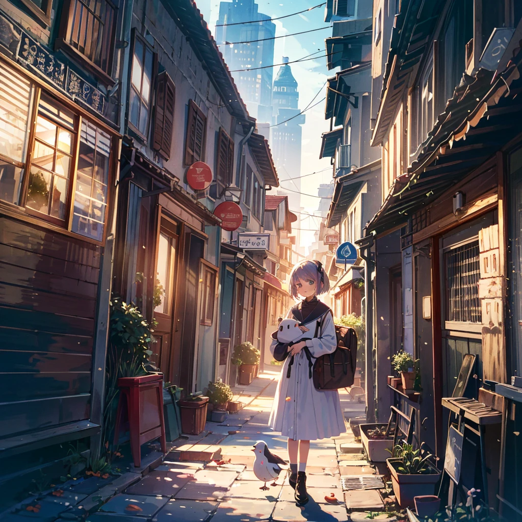 {{{Masterpiece, highest quality, high resolution background}}}, Bright and beautiful atmosphere, 1 girl (, round face, baby face), small breasts, roof of a building, pigeon coop on the roof, many pigeons They are lined up in an orderly manner. A carrier pigeon flies in the palm of a girl's hand "deltamon_sdXL :0.73) >Deltamon"