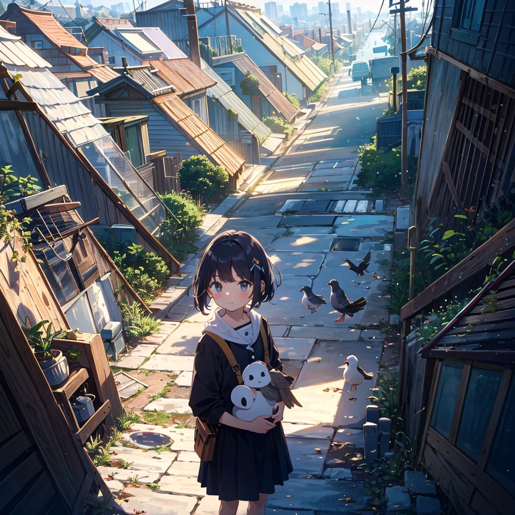 {{{Masterpiece, highest quality, high resolution background}}}, Bright and beautiful atmosphere, 1 girl (7 , round face, baby facebreasts, roof of a building, pigeon coop on the roof, many pigeons They are lined up in an orderly manner. A carrier pigeon flies in the palm of a girl's hand "deltamon_sdXL :0.73) >Deltamon"