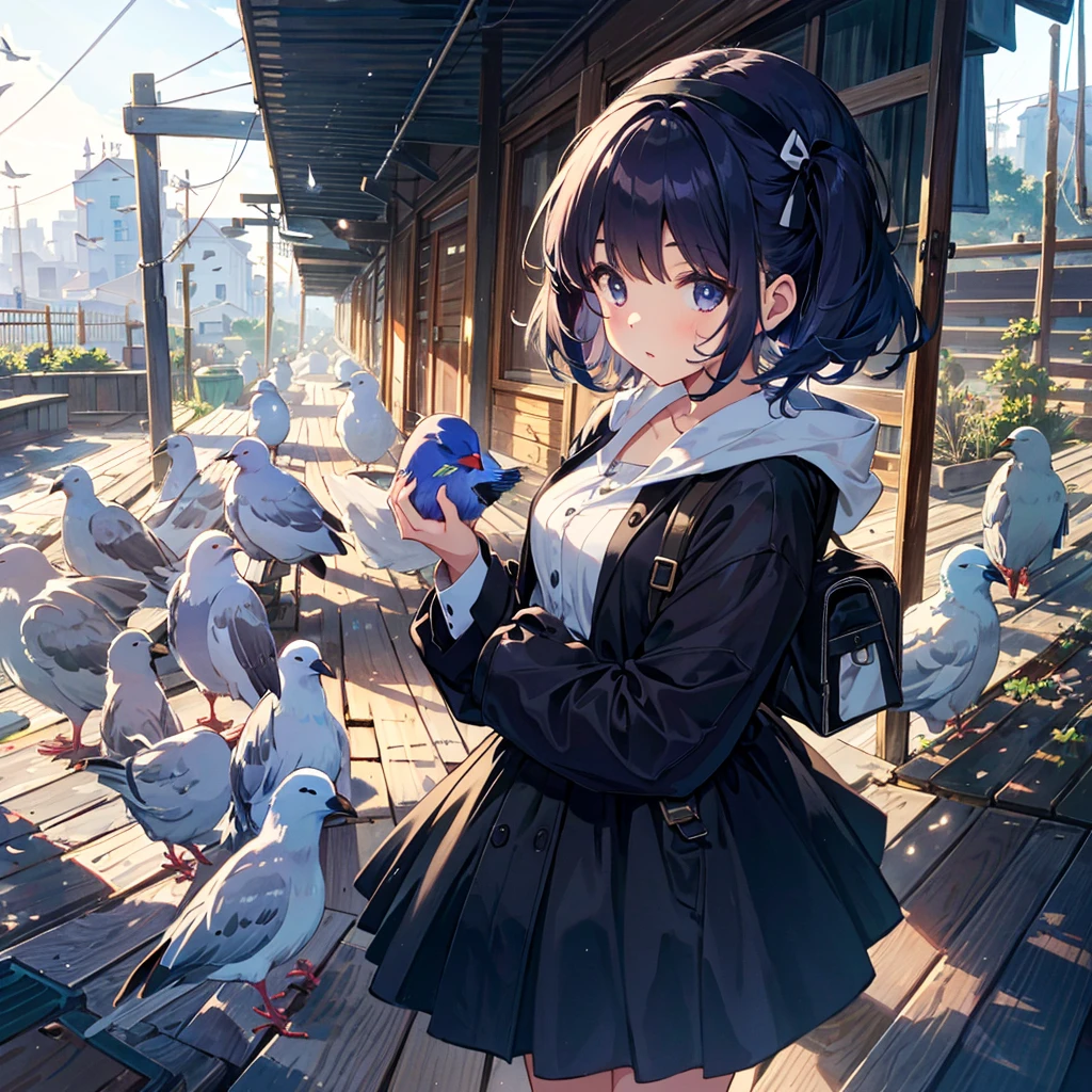 {{{Masterpiece, highest quality, high resolution background}}}, Bright and beautiful atmosphere, 1 girl (, round face, baby face), small breasts, roof of a building, pigeon coop on the roof, many pigeons They are lined up in an orderly manner. A carrier pigeon flies in the palm of a girl's hand "deltamon_sdXL :0.73) >Deltamon"