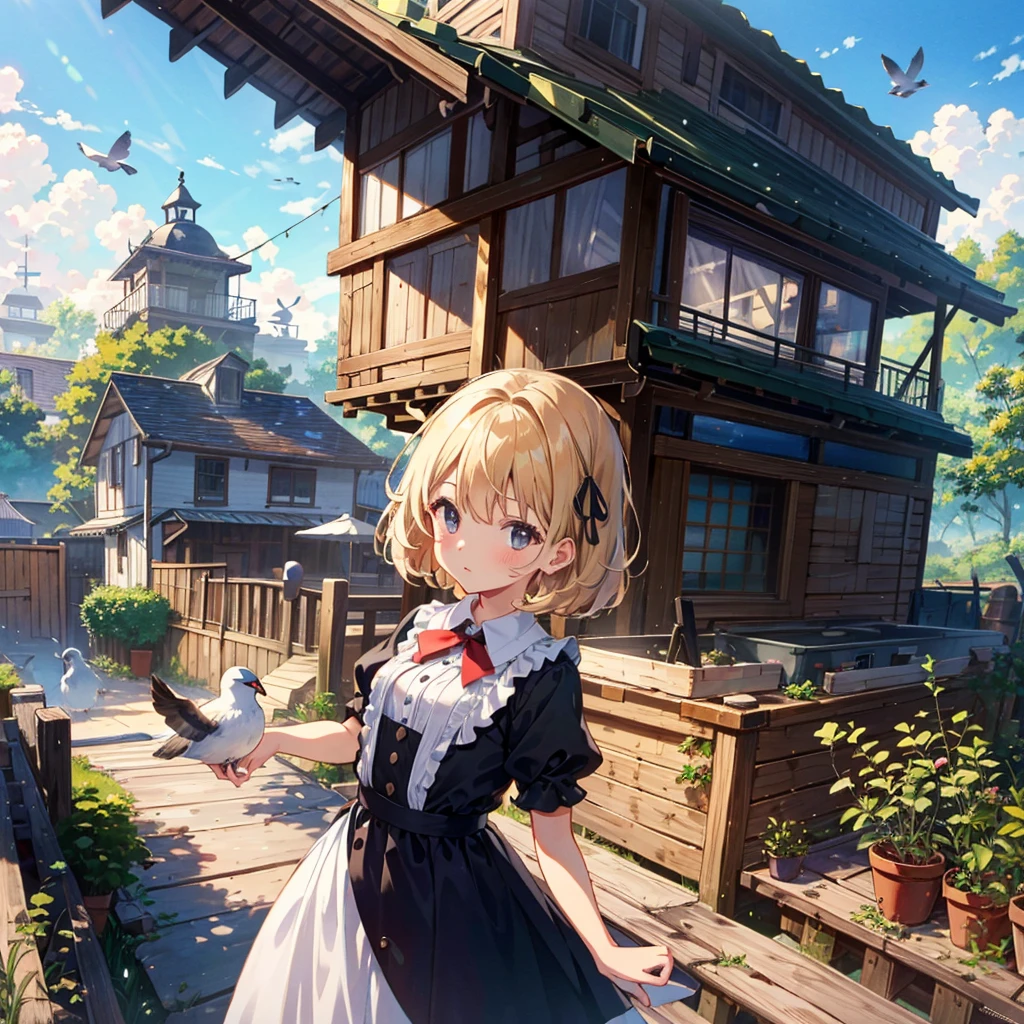 {{{Masterpiece, highest quality, high resolution background}}}, Bright and beautiful atmosphere, 1 girl (7 years old, round face, baby face), small breasts, roof of a building, pigeon coop on the roof, many pigeons They are lined up in an orderly manner. A carrier pigeon flies in the palm of a girl's hand "deltamon_sdXL :0.73) >Deltamon"