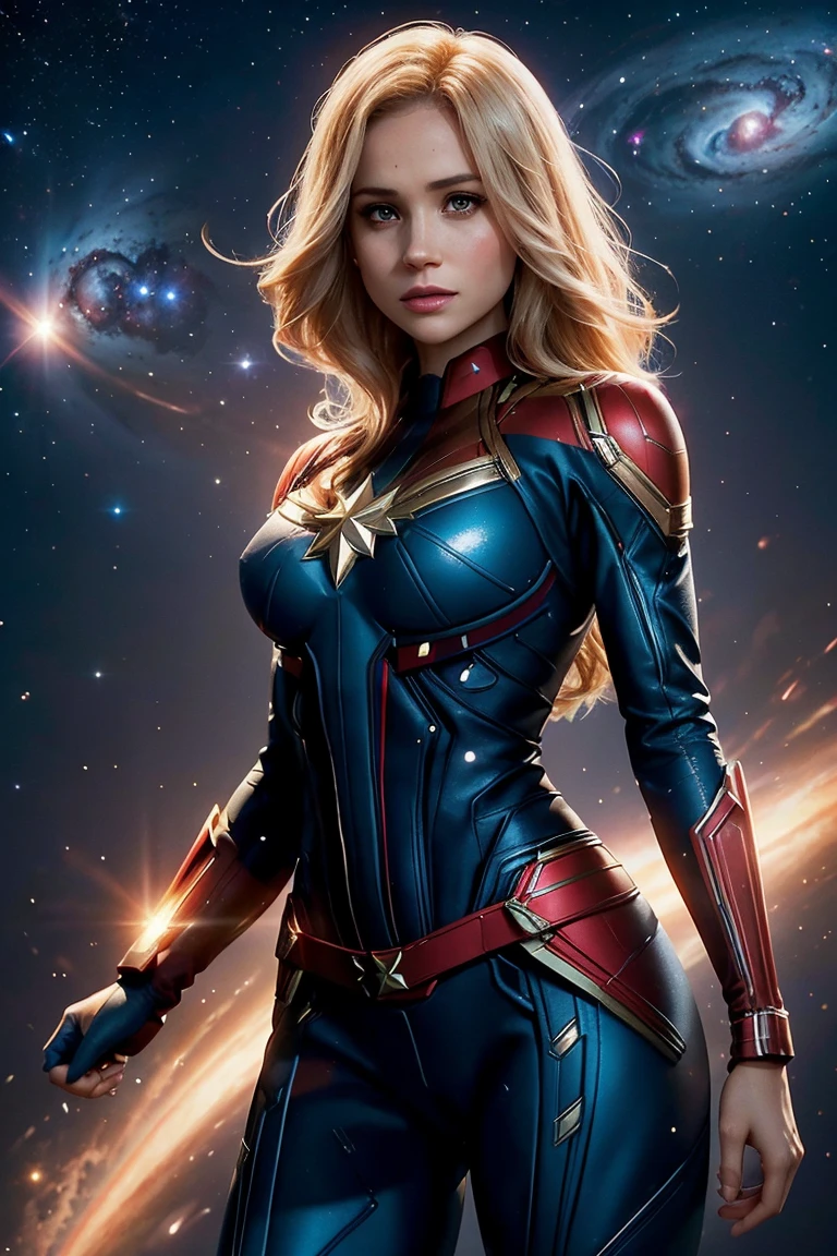 Meghan Markle, wearing Captain Marvel costume sexy clothes transparent. Visible nipples, professionally retouched, soft lighting, realistic, smooth face, perfect eyes, sharp focus on eyes, 8 k, high definition, insanely detailed, intricate, elegant. in a cosmic setting, outer space, galaxies, nebula, 