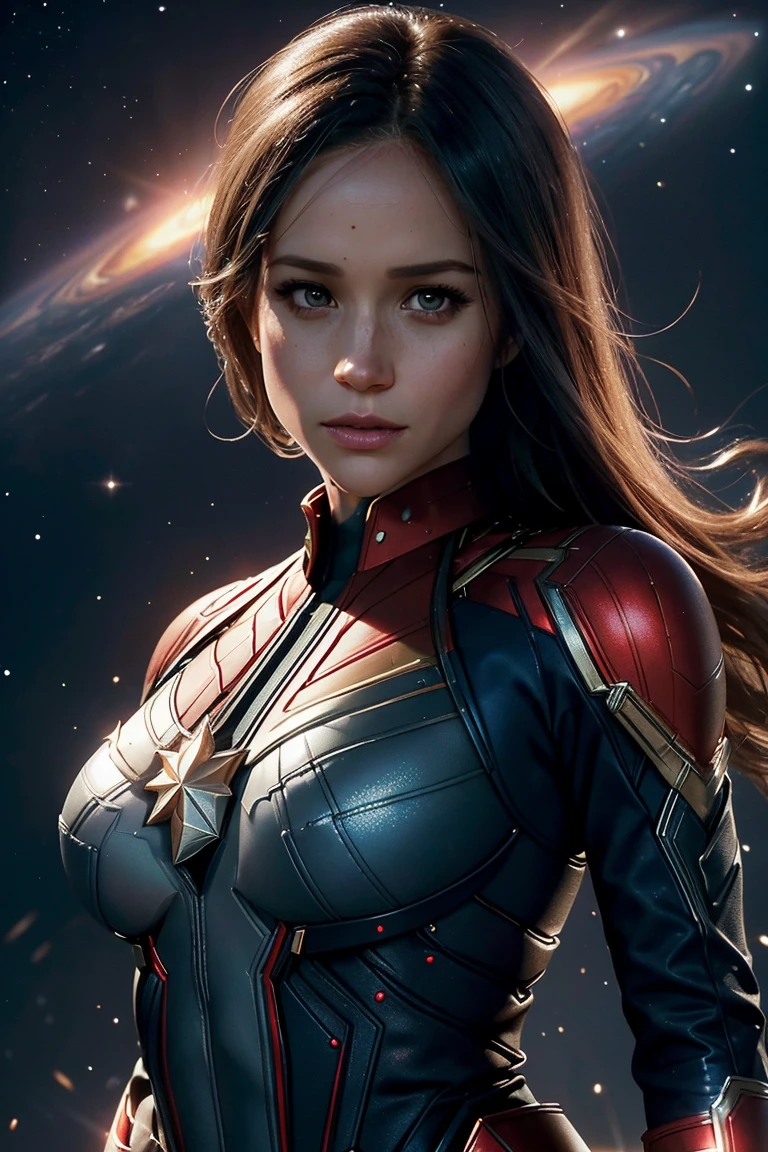 Meghan Markle, wearing Captain Marvel costume sexy clothes transparent. Visible nipples, professionally retouched, soft lighting, realistic, smooth face, perfect eyes, sharp focus on eyes, 8 k, high definition, insanely detailed, intricate, elegant. in a cosmic setting, outer space, galaxies, nebula,