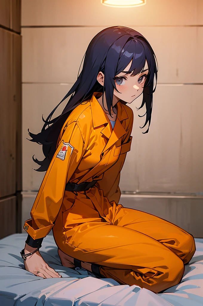 Anime girl, barefoot, wearing an orange jumpsuit, sitting on a bed inside a prison cell, ankle cuffs restraint