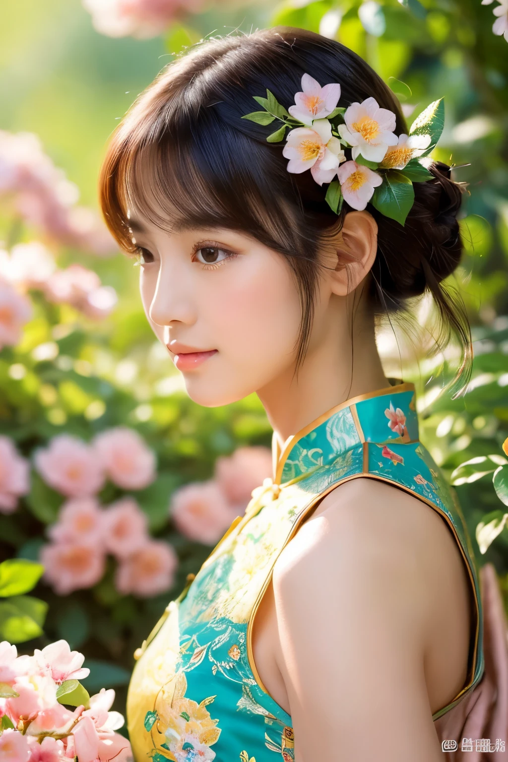 Girl with exquisite facial details, beautiful lips and eyes, beauty of china, in the garden, Wearing a traditional cheongsam, With a graceful posture and a calm look. She is surrounded by blooming flowers and lush greenery.. The sunlight shines softly through the leaves, Gives her face a soft, warm glow. The artwork is created using oil painting techniques, Emphasis on ultra-detailed brushwork and realistic depiction. The colors are bright and vibrant, With a touch of romanticism. The overall image quality is top notch, 4K resolution and photorealistic details. The lighting is、Enhance the beauty of girls、Carefully designed to create a tranquil and peaceful atmosphere.