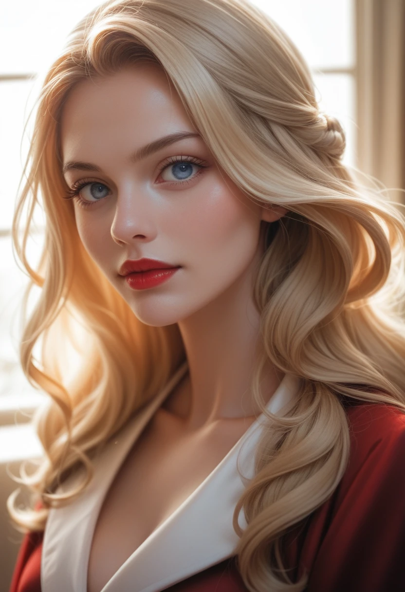 
18 year old blonde girl, Her hair is short and wavy, Her upper body, picture , Intense focus,Light on the face, Beautiful blue eyes, Cinema Lighting,Formal wear, Cherry red lips, she sings