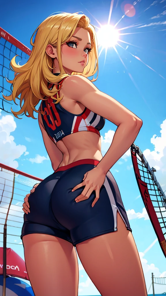 realisticlying、-yeld fee volleyball player、Buttock emphasis、Butt Zoom、Knee bending pose、Long wavy blonde accentuated buttocks、Yellow Super Fit Volleyball Wear、Wearing volleyball shorts、Breasts enlarged、A sexy、Smile、Sexy poses on volleyball court, (((cameltoe))), ((labia))