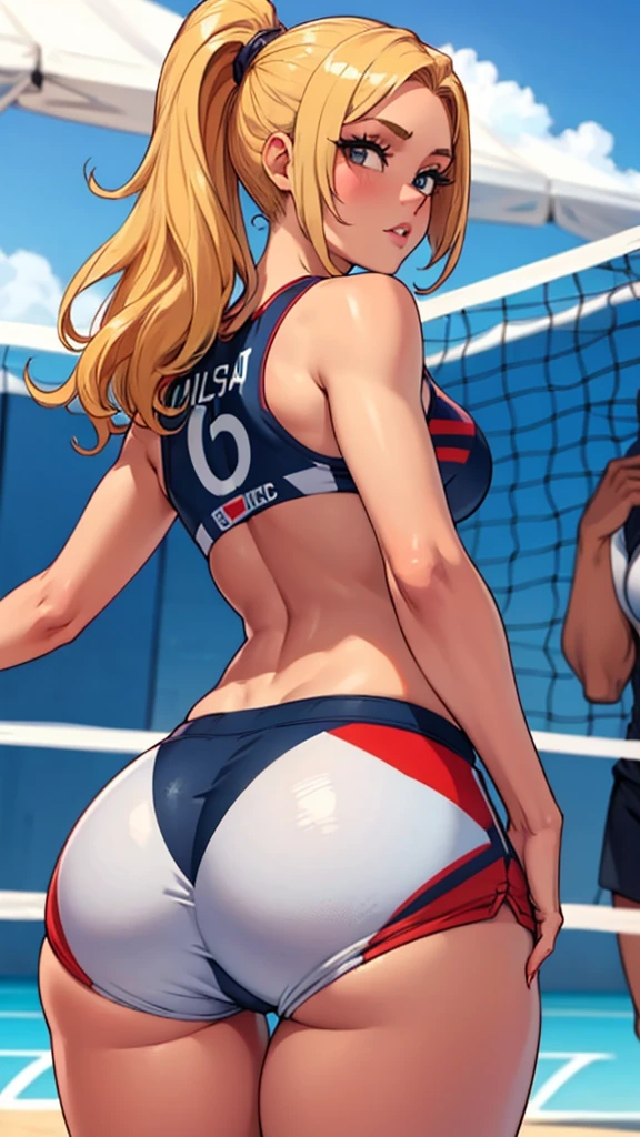 1woman, Olympics Team USA, showing off booty, looking back at camera over shoulder, small breasts, fit thick babe, perfect tanned skin, bright sunlight, beach volleyball olympics, booty shorts, Unbelievable sexy body, peak feminine perfection, blonde hair, juicy thighs
