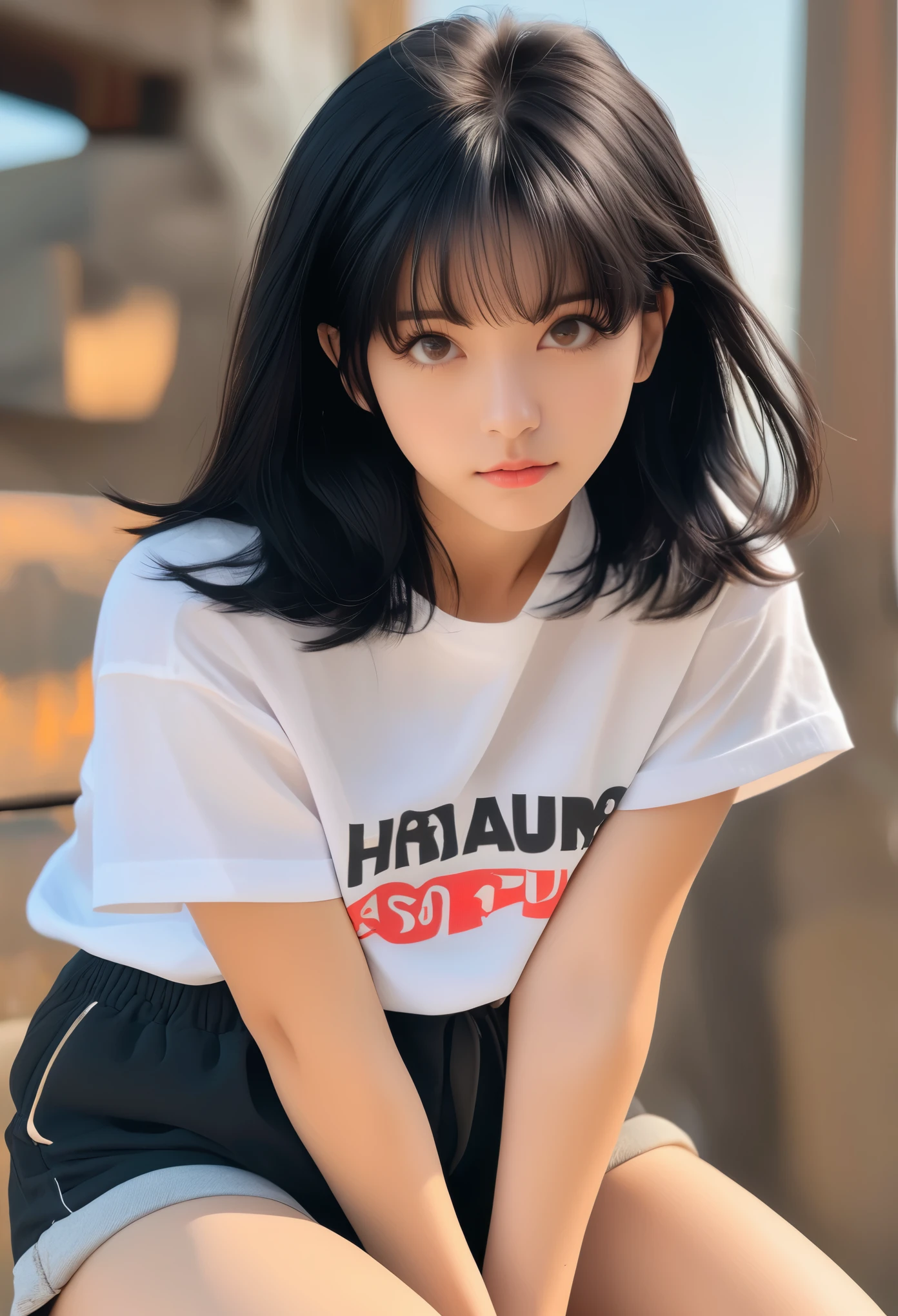 (8k, RAW photograph, Highest quality, masterpiece:1.3),(Genuine,photograph:1.37),(Black Hair),Pause,One girl,Very beautiful face,cute,(small),(Hands down))),Poggy Hairstyle,Random representation,(White T-shirt),JK_style,(Track Shorts) ,Black Hair,(19 years old),moderate,Five Fingers,Normal hand,small Mouth,Straight hair