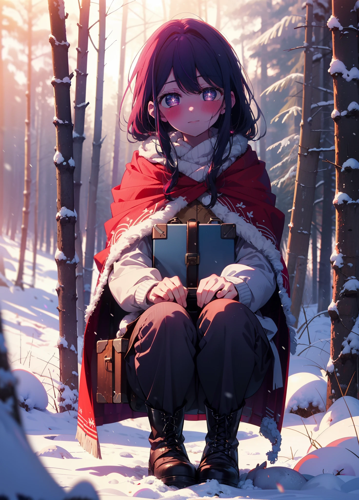 aihoshino, Ai Hoshino, Long Hair, bangs, (Purple eyes:1.1), Purple Hair, (Symbol-shaped pupil:1.5), smile,,smile,blush,white breath,
Open your mouth,snow,Ground bonfire, Outdoor, boots, snowing, From the side, wood, suitcase, Cape, Blurred, , forest, White handbag, nature, Squat, Mouth closed, Cape, winter, Written boundary depth, Black shoes, red Cape break looking at viewer, Upper Body, whole body, break Outdoor, forest, nature, break (masterpiece:1.2), Highest quality, High resolution, unity 8k wallpaper, (shape:0.8), (Beautiful and beautiful eyes:1.6), Highly detailed face, Perfect lighting, Highly detailed CG, (Perfect hands, Perfect Anatomy),