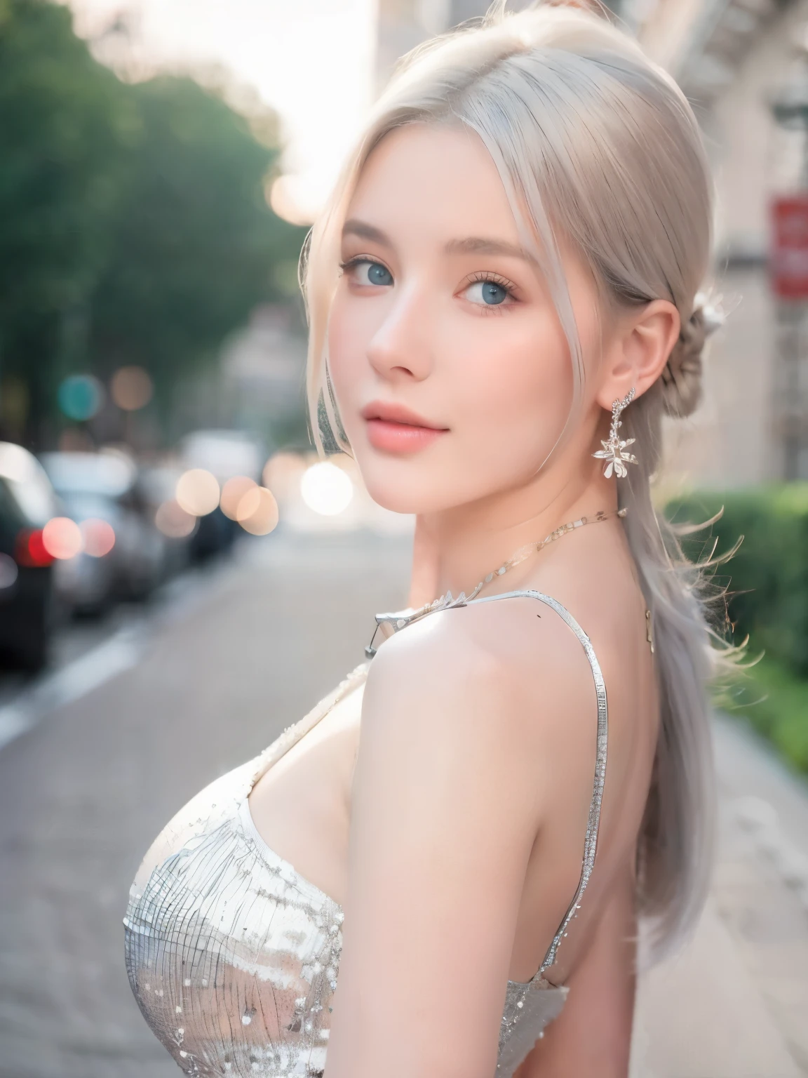 1 woman, beautiful, Young face, 20 years old, white skin, big breasts bare, sexy pose, Cocktail dress, blue eyes, muscle, Bokeh, Crowd background on the road, Masterpiece, ponytail, silver hair, Wear small silver earrings., wearing necklace, portrait