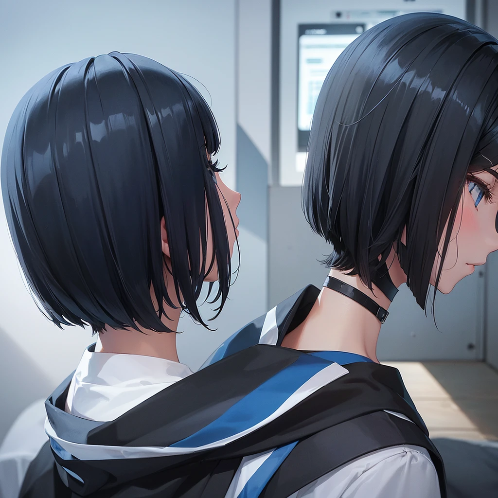 Profile of a high school girl(1 person) A black bob haircut gazing at the night sky. The design is based on a beautiful blue color.、A depiction of only the upper body that expresses youth and transience