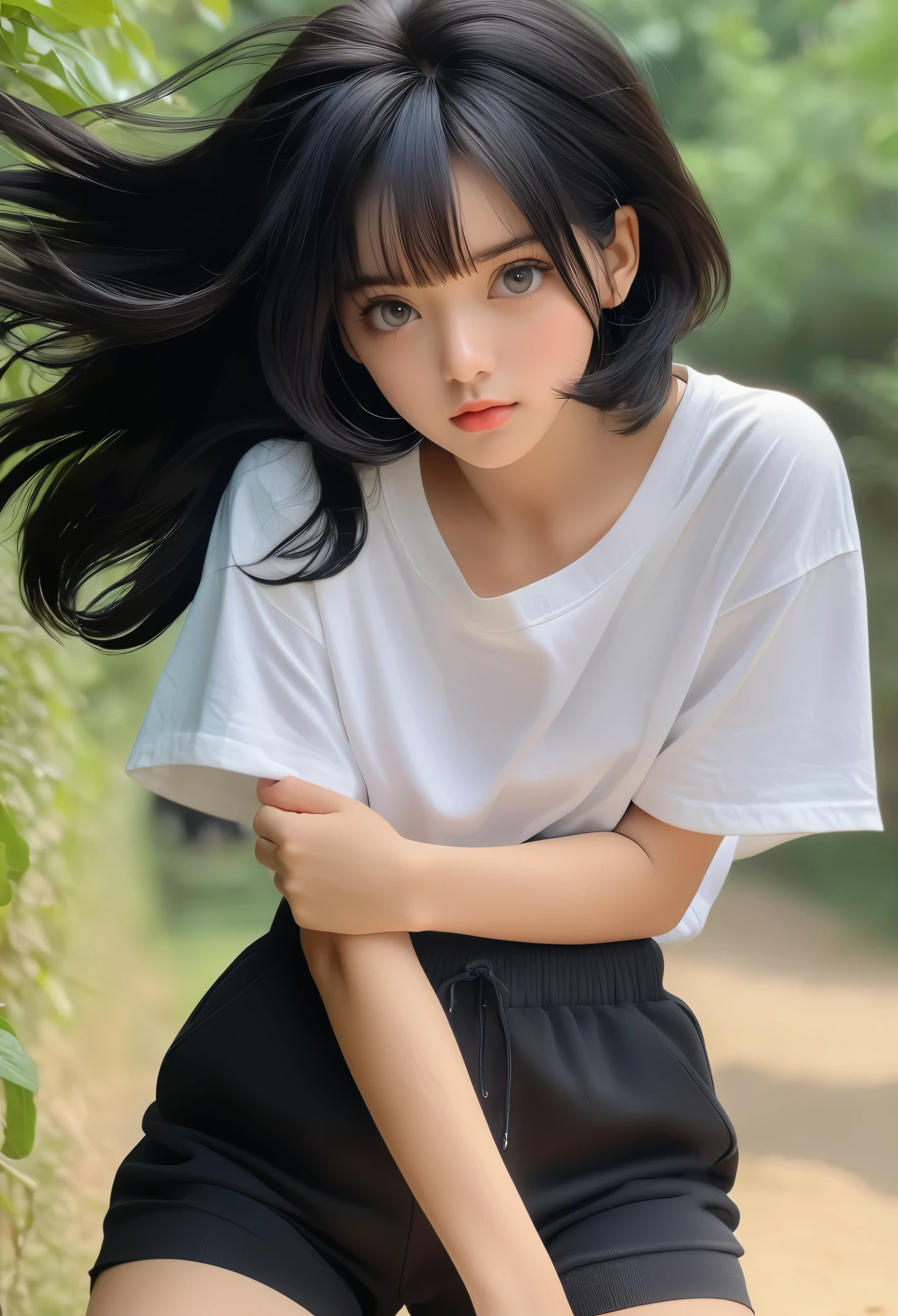 (8k, RAW photograph, Highest quality, masterpiece:1.3),(Genuine,photograph:1.37),(Black Hair),Pause,One girl,Very beautiful face,cute,(small),(Hands down))),Poggy Hairstyle,Random representation,(White T-shirt),ＪＫ_style,(Track Shorts) ,Black Hair,(19 years old),moderate,Five Fingers,Normal hand,small Mouth,Straight hair
