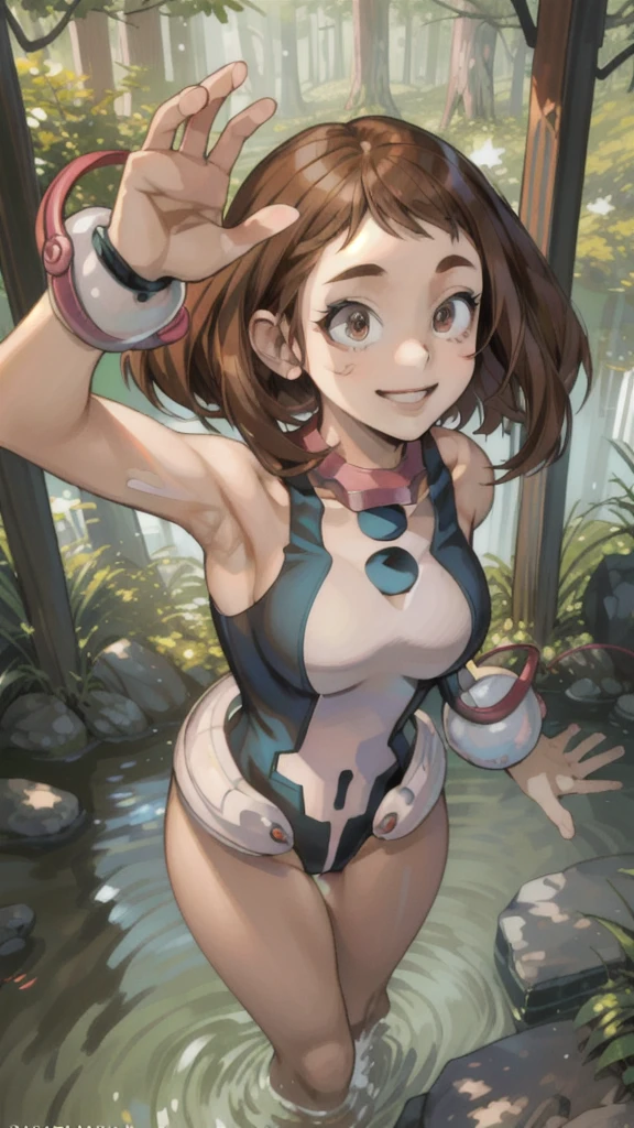 ((Masterpiece artwork, best qualityer)), uraraka ochako, beautfull woman, detailed outfit, high qualiy, showing armpits and pussy,detailed hands, beautiful  face, skin fair, female body, Proportionate Body, Body cute, smiling, forest background, half naked. Short brown hair.((Half naked)))sexy pose 