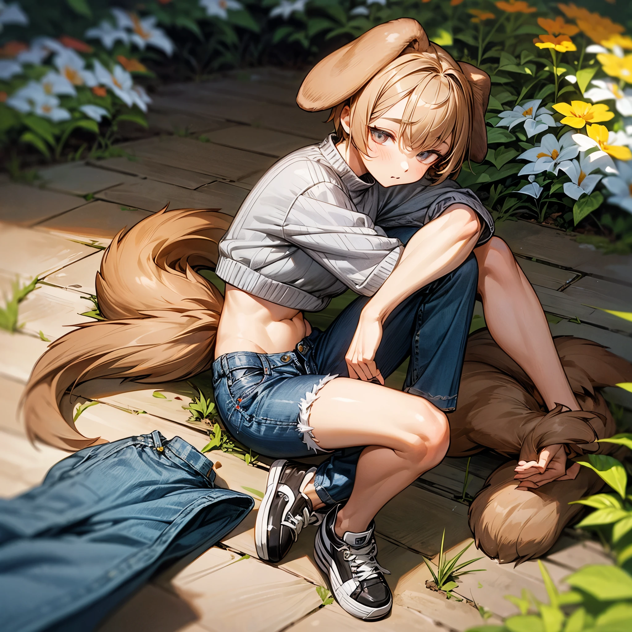 ((best qualityer)), ((work of art)), (detailded), 1 boy, chestnut hair, dog ears, eyes browns, Crop top branco, open gray sweater, shorts jeans curtos, black sneakers, furry brown dog tail, Garden