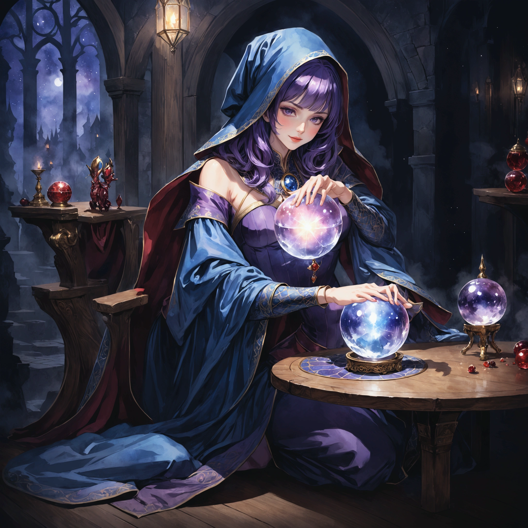 Sexy beautiful woman,European medieval fortune teller,magician,witch,wearing purple cloak,Pose sexy and charming,Sitting sideways at a small wooden table,A smile on your face,Hands touching the crystal ball on the table,The surroundings are dark and mysterious。Mid-ground composition,Full body pictures,Characters and scenes,Game concept art style,Anime illustration style,Watercolor style,Markup style,HD,4K。
