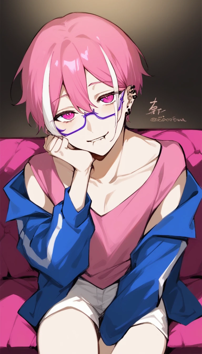 a young man with medium pink hair and some white highlights, UP TO THE NECK, piercings na orelha, hot pink eyes, short clothing. your chin rests under your hands in a perverted way. the pink, red and orange are colors present in her sexy and short outfit, next to clear and purple glasses. He smiles mischievously and seductively, sitting on the big sofa with elbow on the arm of the sofa. femboy, 精致的面容. white short shorts, short pink blouse, open blue jacket. sexy boy. detailled image, HD. cute smile.  clear living room, comfortable environment, sofá fofthe pink, sitting not sofa, sorriso sexy, biting lower lip seductively