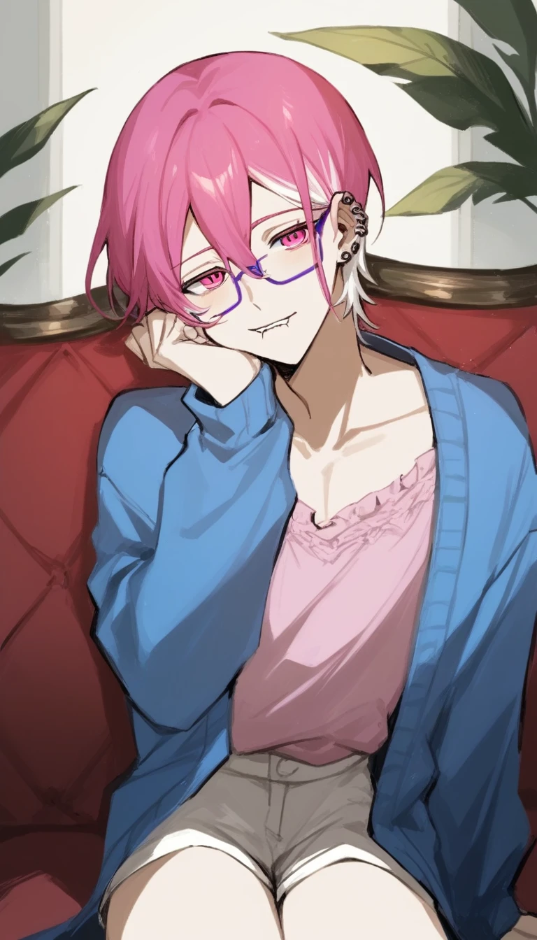 a young man with medium pink hair and some white highlights, UP TO THE NECK, piercings na orelha, hot pink eyes, short clothing. your chin rests under your hands in a perverted way. the pink, red and orange are colors present in her sexy and short outfit, next to clear and purple glasses. He smiles mischievously and seductively, sitting on the big sofa with elbow on the arm of the sofa. femboy, 精致的面容. white short shorts, short pink blouse, open blue jacket. sexy boy. detailled image, HD. cute smile.  clear living room, comfortable environment, sofá fofthe pink, sitting not sofa, sorriso sexy, biting lower lip seductively