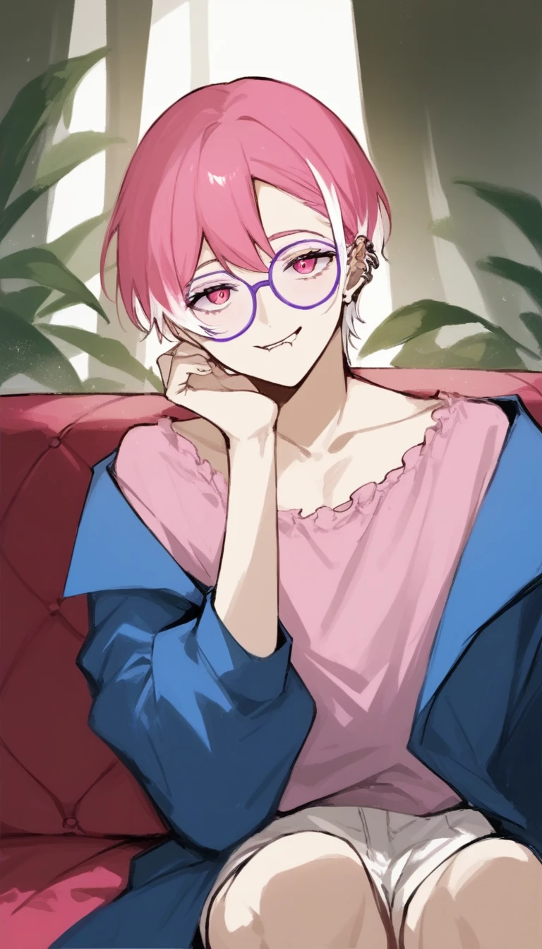 a young man with medium pink hair and some white highlights, UP TO THE NECK, piercings na orelha, hot pink eyes, short clothing. your chin rests under your hands in a perverted way. the pink, red and orange are colors present in her sexy and short outfit, next to clear and purple glasses. He smiles mischievously and seductively, sitting on the big sofa with elbow on the arm of the sofa. femboy, 精致的面容. white short shorts, short pink blouse, open blue jacket. sexy boy. detailled image, HD. cute smile.  clear living room, comfortable environment, sofá fofthe pink, sitting not sofa, sorriso sexy, biting lower lip seductively