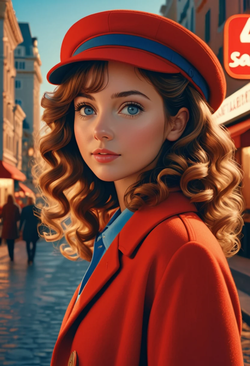 (best quality,4k,8k,highres,masterpiece:1.2),ultra-detailed,(realistic,photorealistic,photo-realistic:1.37),wes anderson style photo,35mm film,girl dressed in red with blue shoes and hat,golden light,serene faces,distinctive noses,cityscape photographer,curly hair,young