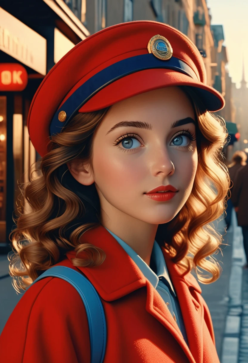 (best quality,4k,8k,highres,masterpiece:1.2),ultra-detailed,(realistic,photorealistic,photo-realistic:1.37),wes anderson style photo,35mm film,girl dressed in red with blue shoes and hat,golden light,serene faces,distinctive noses,cityscape photographer,curly hair,young