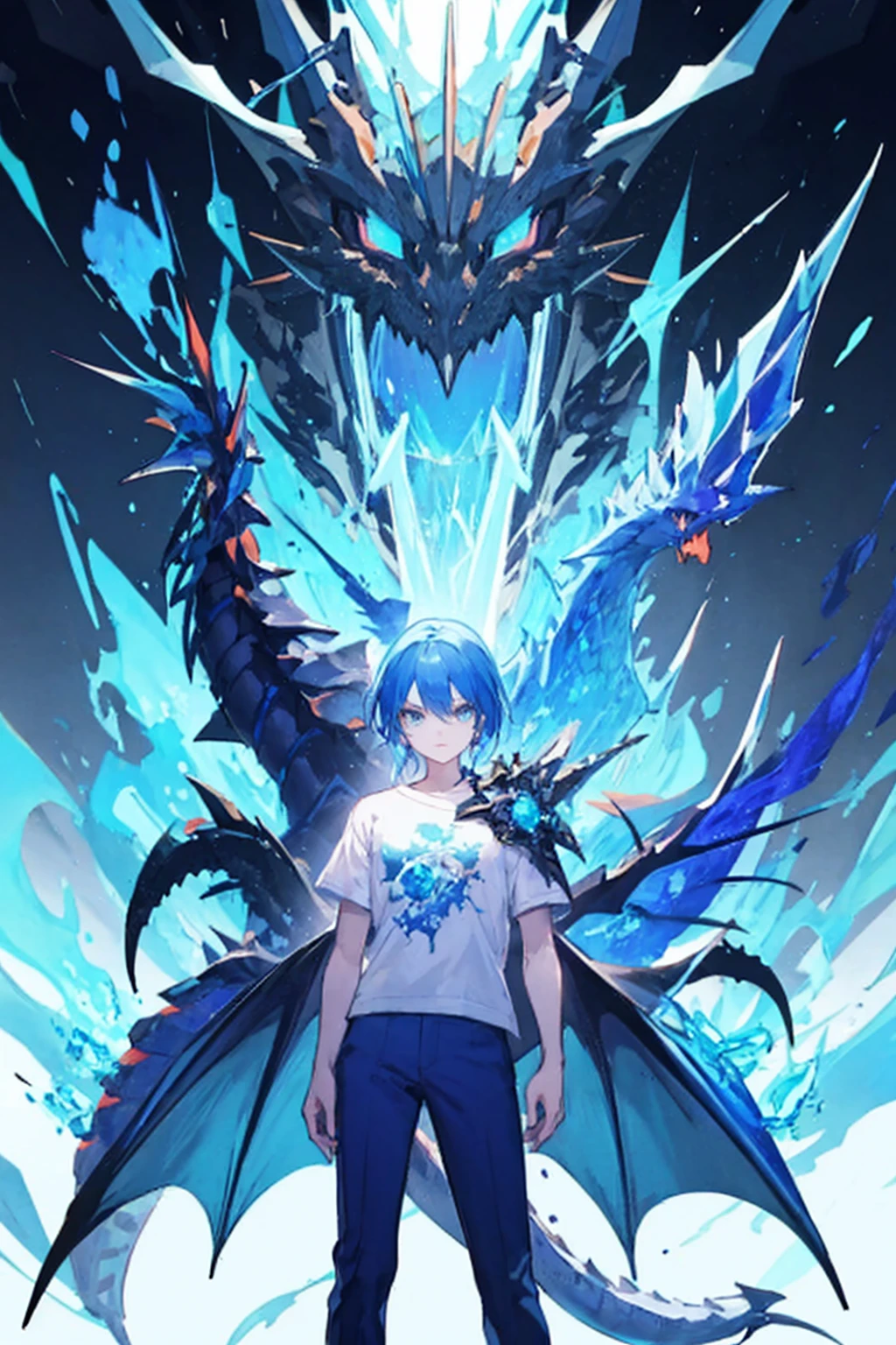Roblox character with blue flame t shirt and pants and a blue crystal dragon on shoulder