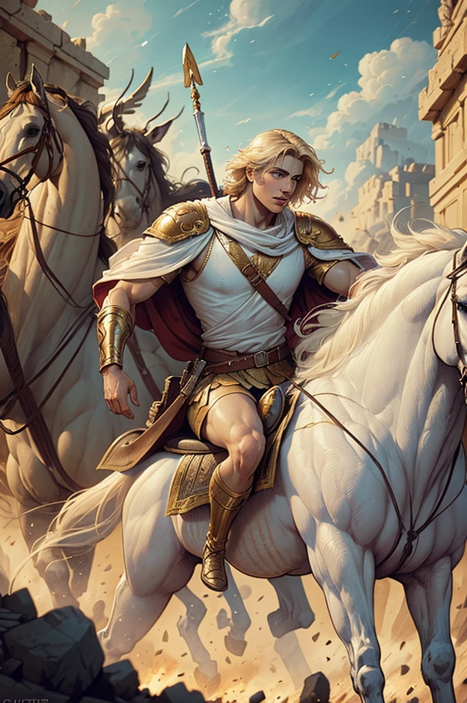 ((Best Quality)), ((artwork)), (detailed), Greek mythology, Alexander the Great leading from the front, with white clothes his troops on the battlefield character art by charlie bowater, comic 