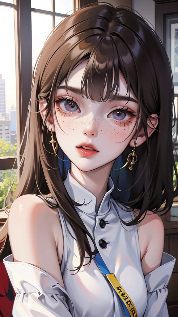anime girl 20 years old with narrow eyes, one yellowish, the other has a dark ochre color, a smoll mole under the eye, bruises under the eye, inconspicuous freckles on the nose, straight dark brown hair below the shoulders, long bangs covering the left eye, pale skin, tired look, breasts of the second size, low height, 4k