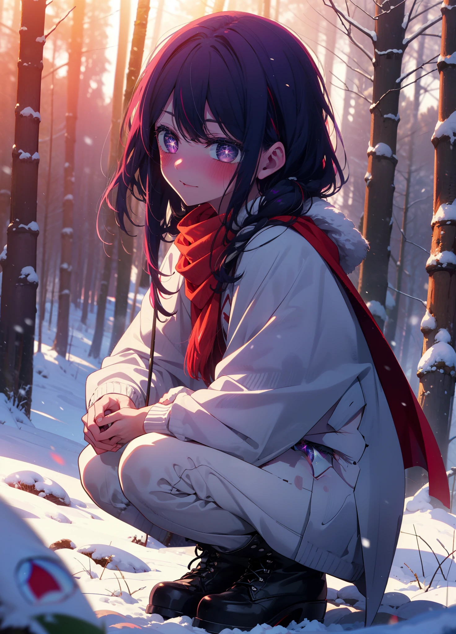 aihoshino, Ai Hoshino, Long Hair, bangs, (Purple eyes:1.1), Purple Hair, (Symbol-shaped pupil:1.5), smile,,smile,blush,white breath,
Open your mouth,snow,Ground bonfire, Outdoor, boots, snowing, From the side, wood, suitcase, Cape, Blurred, , forest, White handbag, nature, Squat, Mouth closed, Cape, winter, Written boundary depth, Black shoes, red Cape break looking at viewer, Upper Body, whole body, break Outdoor, forest, nature, break (masterpiece:1.2), Highest quality, High resolution, unity 8k wallpaper, (shape:0.8), (Beautiful and beautiful eyes:1.6), Highly detailed face, Perfect lighting, Highly detailed CG, (Perfect hands, Perfect Anatomy),