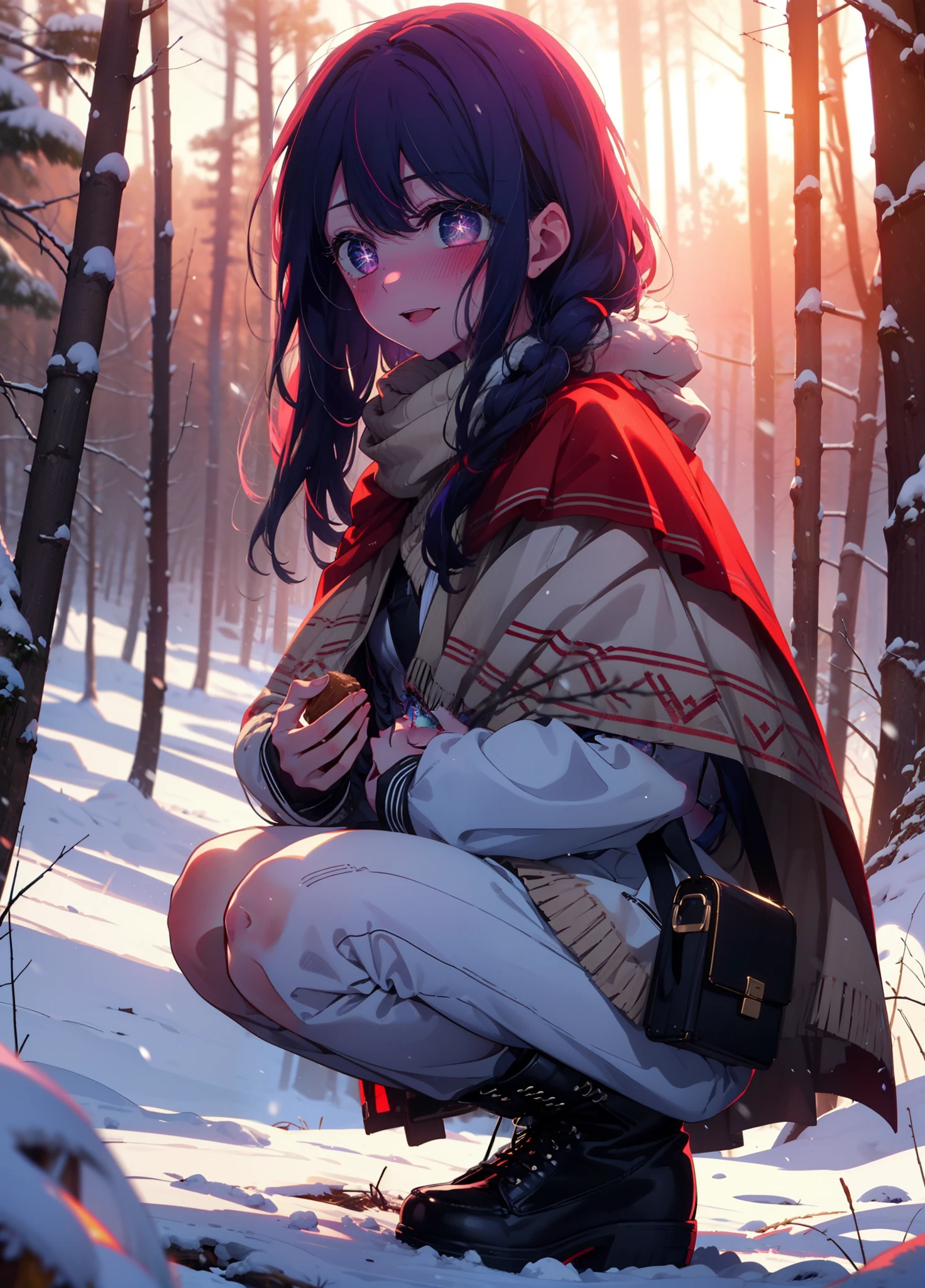 aihoshino, Ai Hoshino, Long Hair, bangs, (Purple eyes:1.1), Purple Hair, (Symbol-shaped pupil:1.5), smile,,smile,blush,white breath,
Open your mouth,snow,Ground bonfire, Outdoor, boots, snowing, From the side, wood, suitcase, Cape, Blurred, , forest, White handbag, nature, Squat, Mouth closed, Cape, winter, Written boundary depth, Black shoes, red Cape break looking at viewer, Upper Body, whole body, break Outdoor, forest, nature, break (masterpiece:1.2), Highest quality, High resolution, unity 8k wallpaper, (shape:0.8), (Beautiful and beautiful eyes:1.6), Highly detailed face, Perfect lighting, Highly detailed CG, (Perfect hands, Perfect Anatomy),