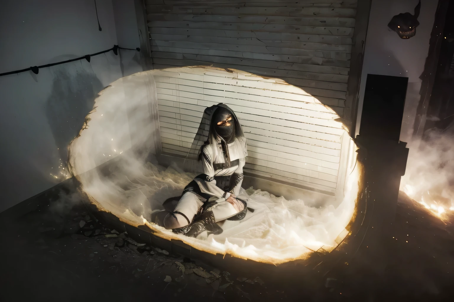 ((Best quality, 8k, 32k, Masterpiece, UHD:1.2), "Transform the setting into a haunting scene straight out of a horror movie. In the center, a girl stands, surrounded by ghostly apparitions lurking in the shadows. The atmosphere is thick with a swirling, smoky haze that adds to the eerie ambiance. The ghosts, barely visible, have malevolent expressions and are shrouded in darkness, making their forms indistinct and unsettling. Their eyes gleam with a spectral glow, and their whispers fill the air with an otherworldly chill. The girl, looking fearful yet determined, stands her ground as the supernatural entities close in. The scene exudes a sense of dread and suspense, capturing the terrifying moment when the living confront the spectral horrors of the night."