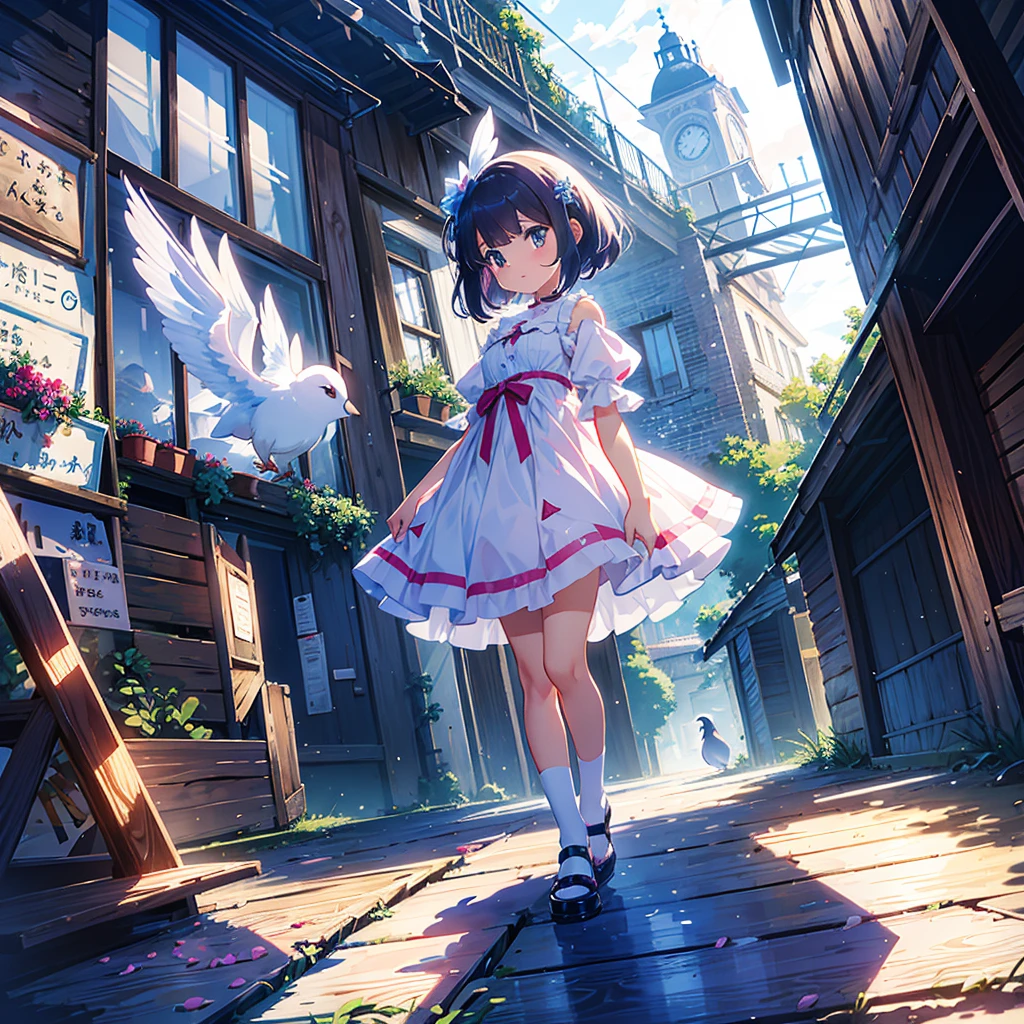 {{{Masterpiece, highest quality, high resolution background}}}, Bright and beautiful atmosphere, 1 girl (7 , round face, baby facebreasts, roof of a building, pigeon coop on the roof, many pigeons They are lined up in an orderly manner. A carrier pigeon flies in the palm of a girl's hand "deltamon_sdXL :0.73) >Deltamon"