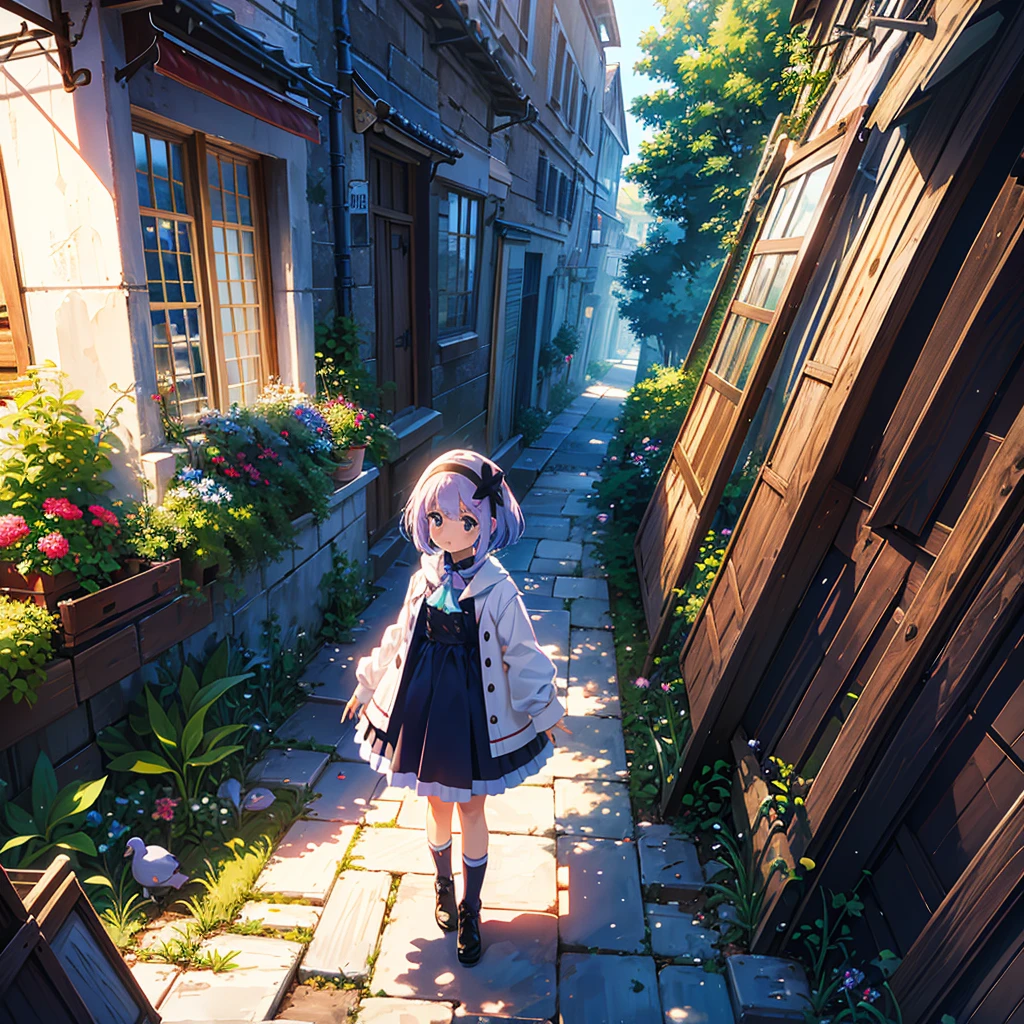{{{Masterpiece, highest quality, high resolution background}}}, Bright and beautiful atmosphere, 1 girl (7 years old, round face, baby face), small breasts, roof of a building, pigeon coop on the roof, many pigeons They are lined up in an orderly manner. A carrier pigeon flies in the palm of a girl's hand "deltamon_sdXL :0.73) >Deltamon"