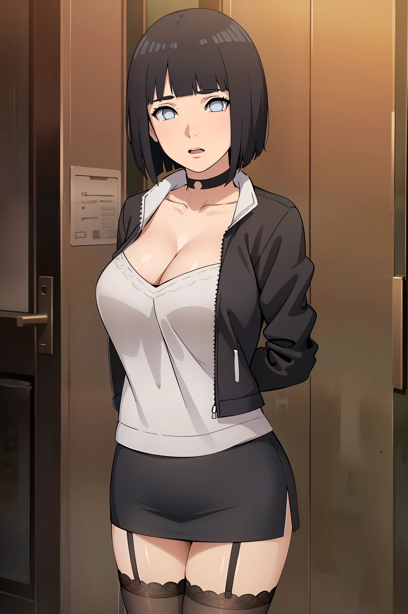 (black hair:1.5), (short hair:1.3), white eyes, ((mature female)),
BREAK (thighhighs, cleavage, choker, zettai ryouiki, garter straps, pencil skirt, jacket, frills, long sleeves, black jacket, collarbone:1.2),
BREAK ((Drunken eyes,Cock Slut、red blush)), ((hands behind back:1.5)),
BREAK (masterpiece:1.2), best quality, high resolution, unity 8k wallpaper, (illustration:0.8), (beautiful detailed eyes:1.6), extremely detailed face, perfect lighting, extremely detailed CG, (perfect hands, perfect anatomy),