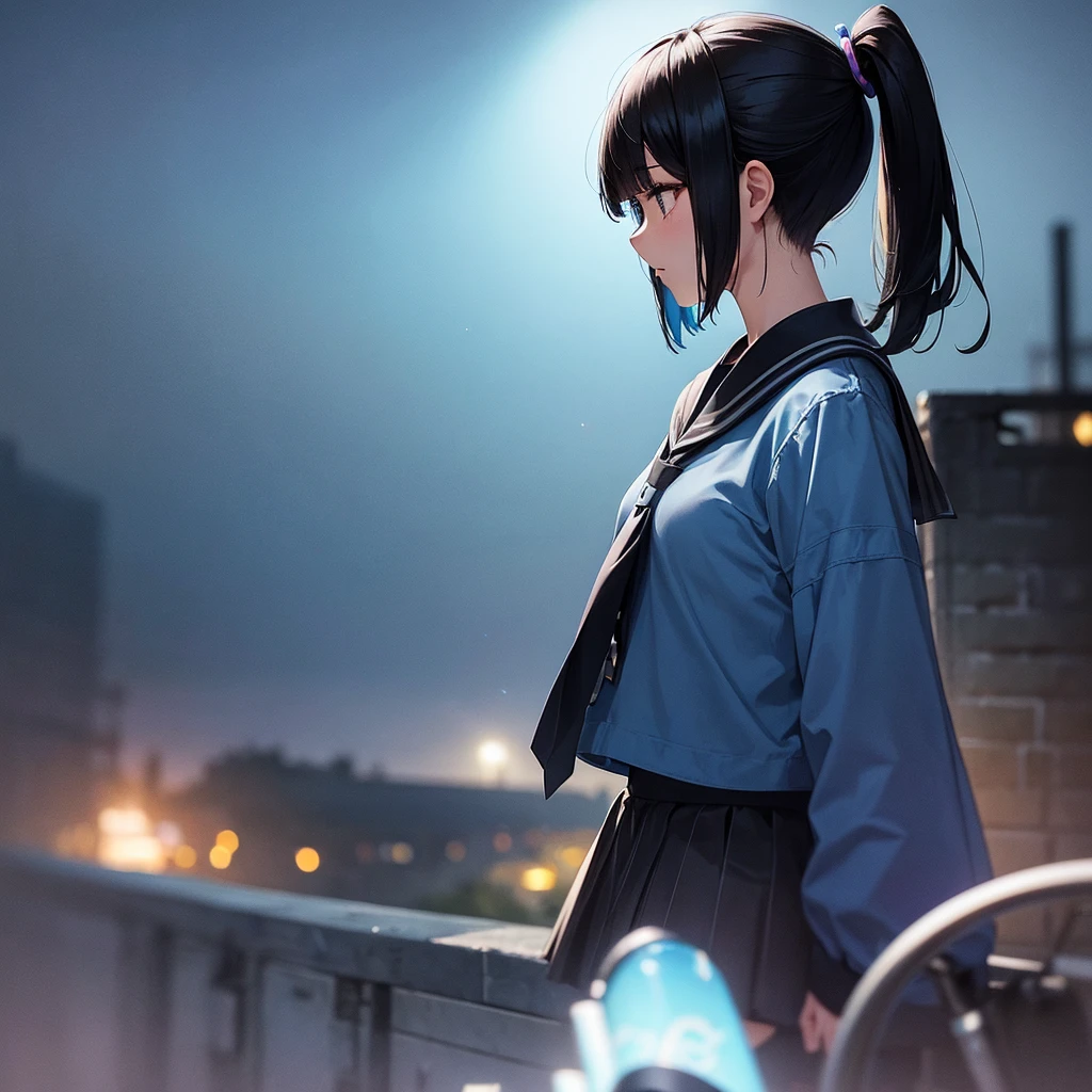 Profile of a high school girl with black bob hair gazing at the night sky. The girl is designed with a beautiful blue base.、Expressing youth and transience. Upper body only. Solo.