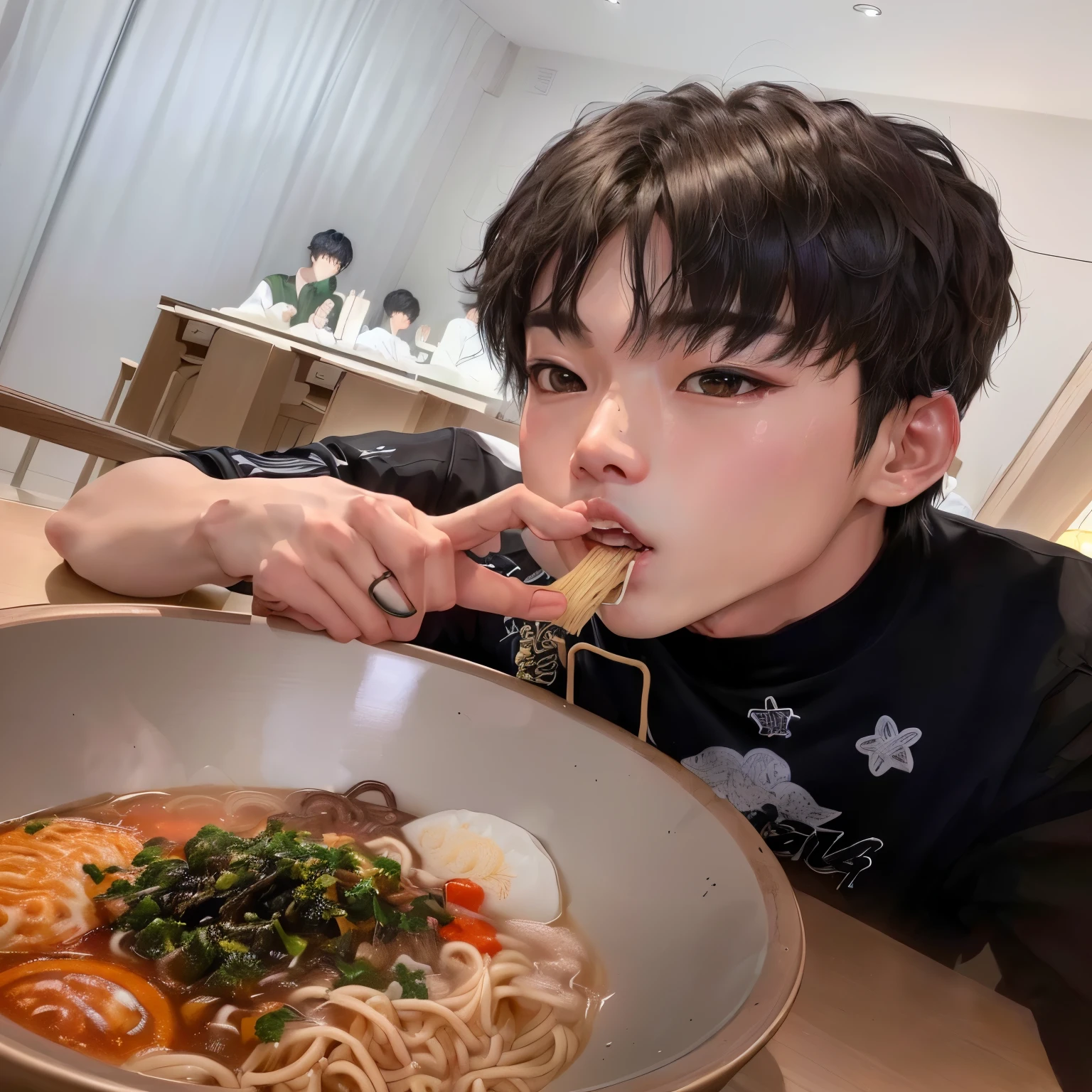 boy with a finger raised in front of a bowl of noodles, mukbang, eating pasta, hyung tae, Jungkook, by Master Kanbun, profile photo 1024px, Tae June Kim, taken at the beginning of 2020, Kim Doyoung, cai xukun, Shin Jeongho, Hong Jun Hyung, ten lee, eating ramen