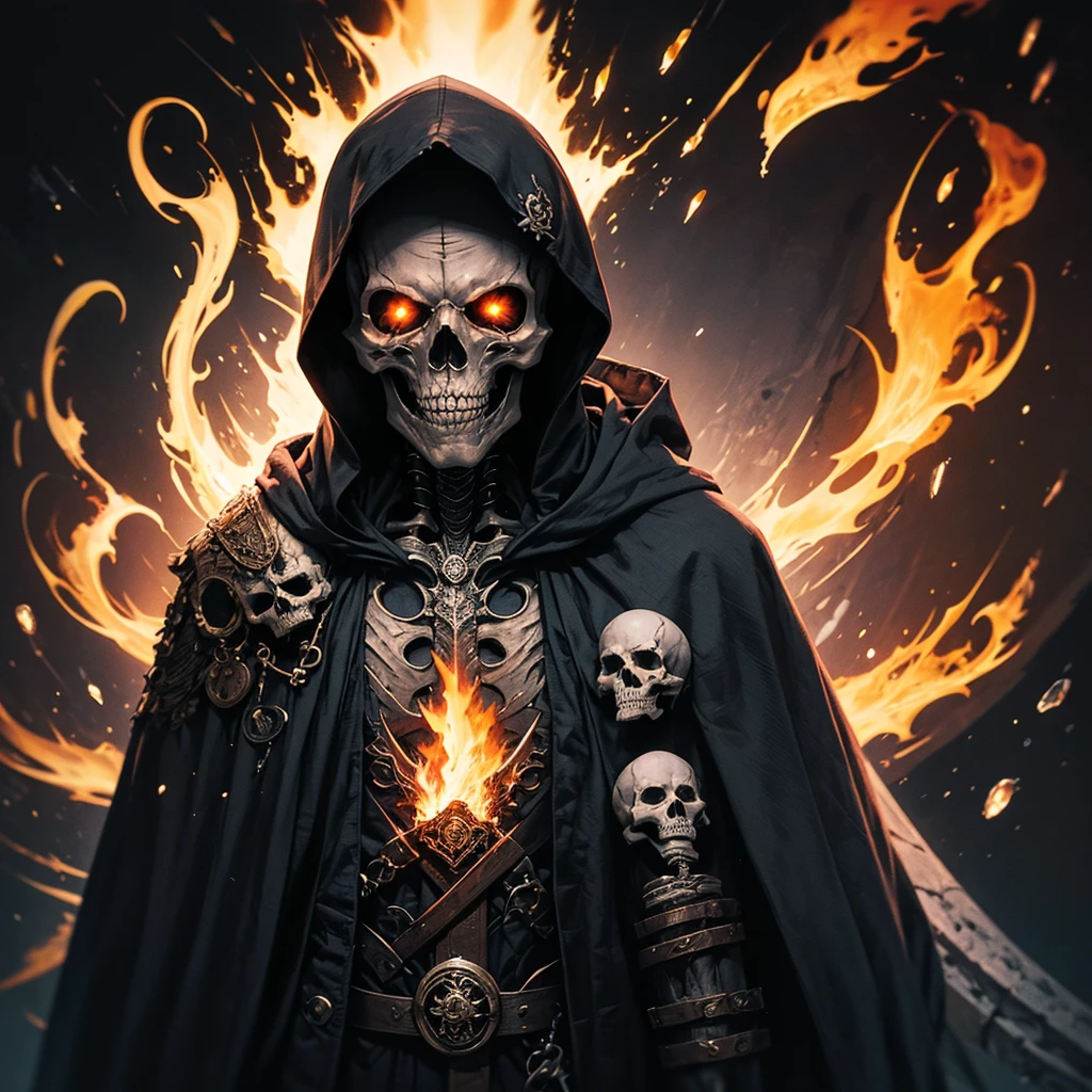 Hood, Scull, a skeleton, One, 1 boy, male focus, fire, robe, Hood up, cloak, upper body, copyright name, Black background,Scull face,Scull tattoo on facezdeath,soul,soul reaper , I&#39;m holding a sieve,direct welder