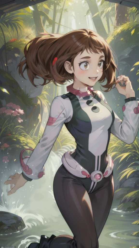 ((Masterpiece artwork, best qualityer)), uraraka ochako, beautfull woman, detailed outfit, high qualiy, showing ass, detailed hands, beautiful face, skin fair, female body, Proportionate Body, Body cute, smiling, forest background, half naked. Short brown hair.((Half naked)))sexy pose