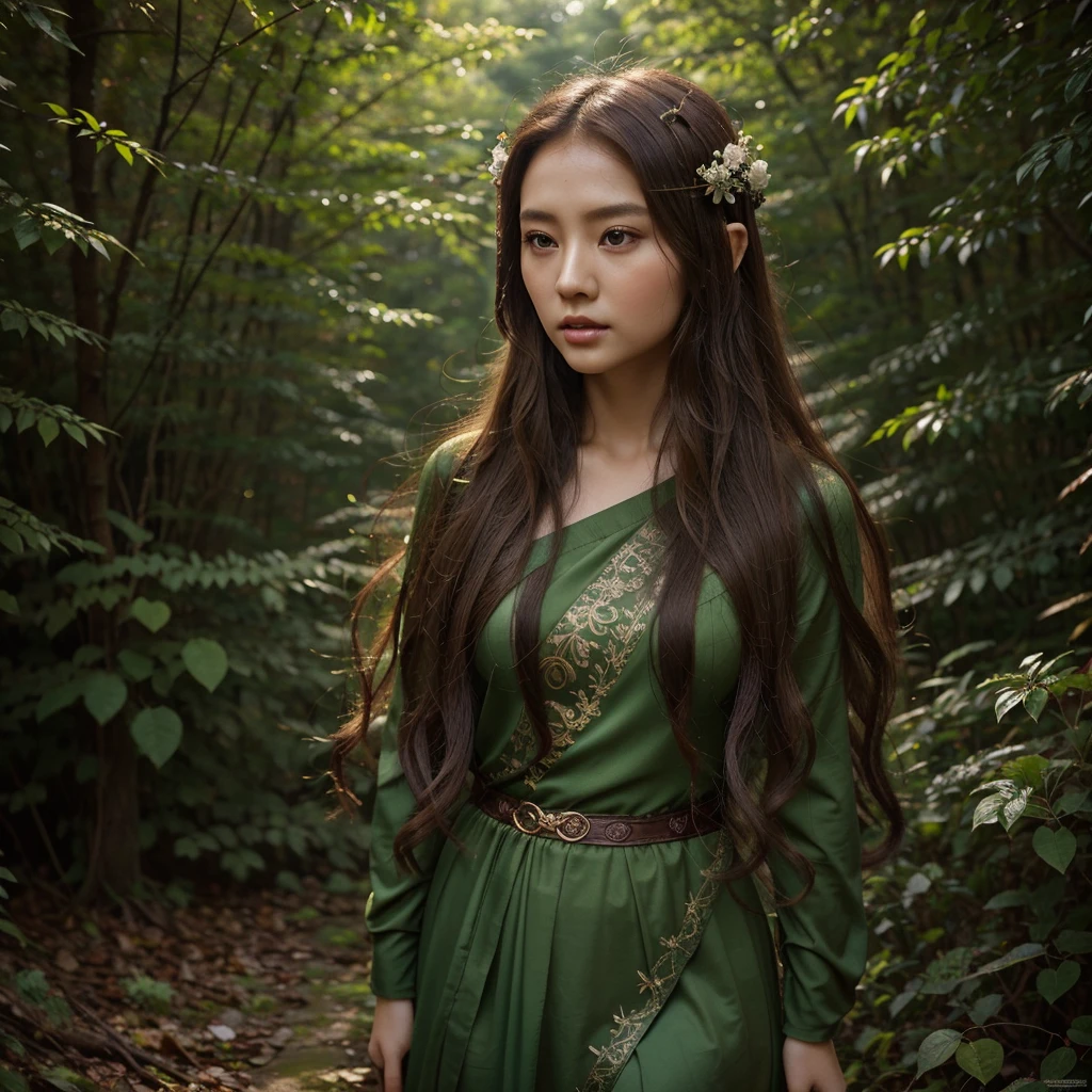 a woman in a green dress standing in the woods, elf long weaving brown hair, goddess of the forest, gorgeous chinese model, jingna zhang, nature goddess, wenfei ye, ancient asian dynasty princess, beautiful and elegant female elf, female medusa long hair, beautiful fantasy maiden, leslie zhang, jia ruan, goddess of greek mythology, goddess of nature