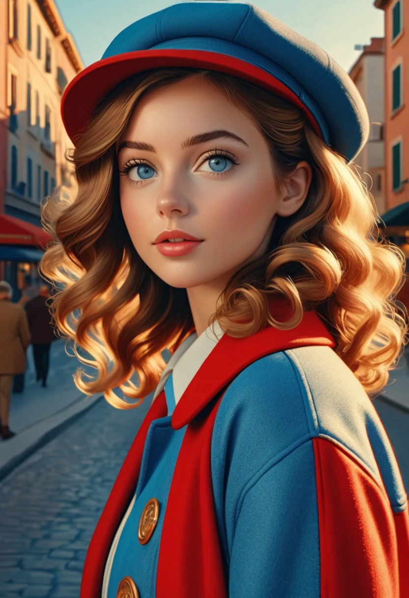 (best quality,4k,8k,highres,masterpiece:1.2),ultra-detailed,(realistic,photorealistic,photo-realistic:1.37),wes anderson style photo,35mm film,girl dressed in red with blue shoes and hat,golden light,serene faces,distinctive noses,cityscape photographer,curly hair,young. cleavage, Masiela Lusha