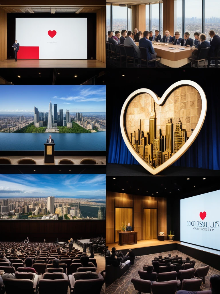 Collage of icons representing success: trophy, Ascending chart, chave, Heart, Money symbol"
"Man giving a talk in a crowded auditorium, large screen behind showing 'Secrets of Seduction'"
"Panoramic view of a luxurious penthouse, man watching the city from above"