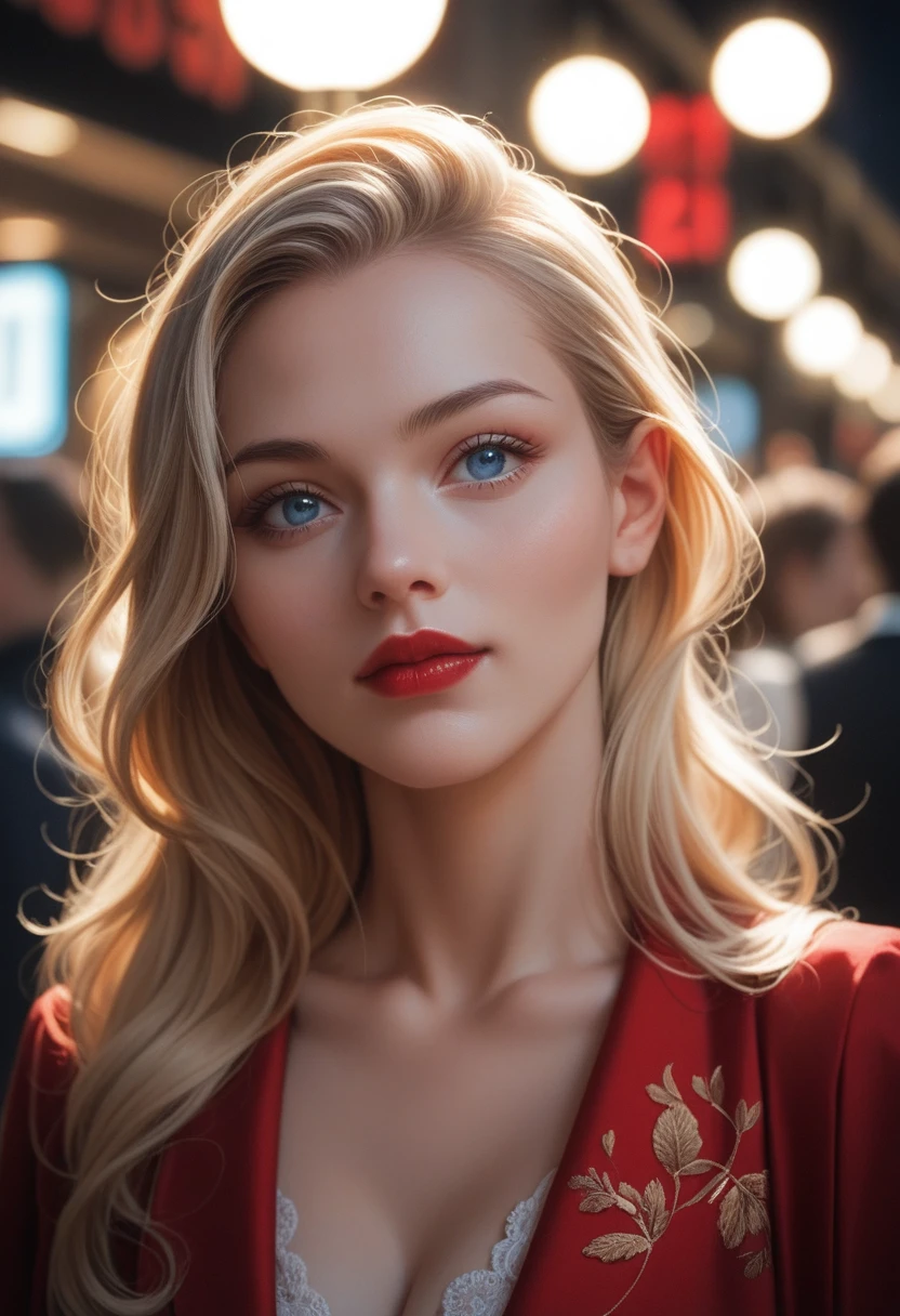 18 year old blonde girl, Her hair is short and wavy, Her upper body, picture , Intense focus,Light on the face, Beautiful blue eyes, Cinema Lighting,Formal wear, Cherry red lips, she sings