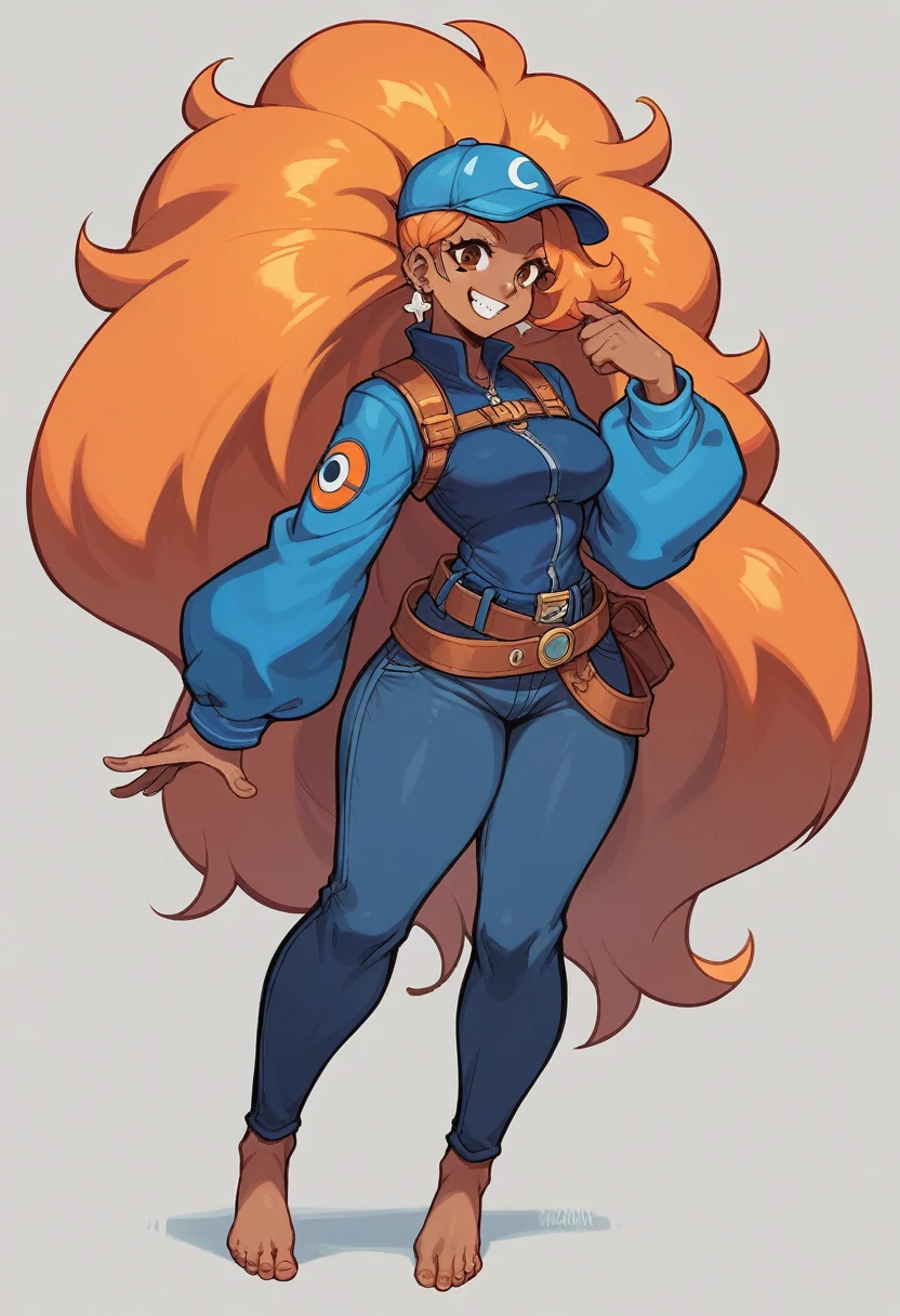 wangari, 1girl, solo, dark skin, dark-skinned female, big hair, orange hair, blue headwear, blue_cap, brown eyes, ear piercing, smile, teeth, breasts, medium breasts, thick thighs, barefoot, luna nova , miniskirt, belt, full body