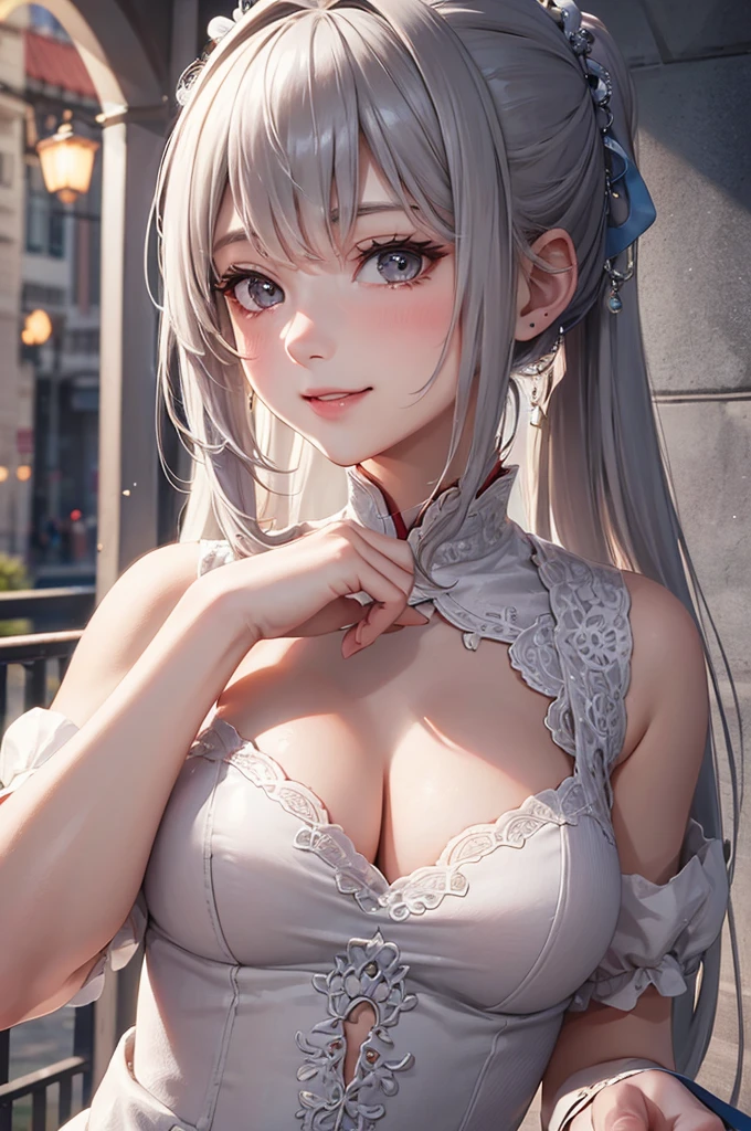 Best Quality,High resolution,8k,finelity detailed background,Masterpiece:1.2),beautiful girl,Glossy romance gray hair,pony tail,Gray eyes,Gentle look,A refreshing look,smile,Best quality,Best Quality,Aesthetic and aesthetic:1.2,Best details((Super detailed))(High-definition CG illustrations),Chinese clothing,Slender body,Party Venue,smile,blush,cute,Scrounge,Looking up,Being spoiled,super model,shoot from,below