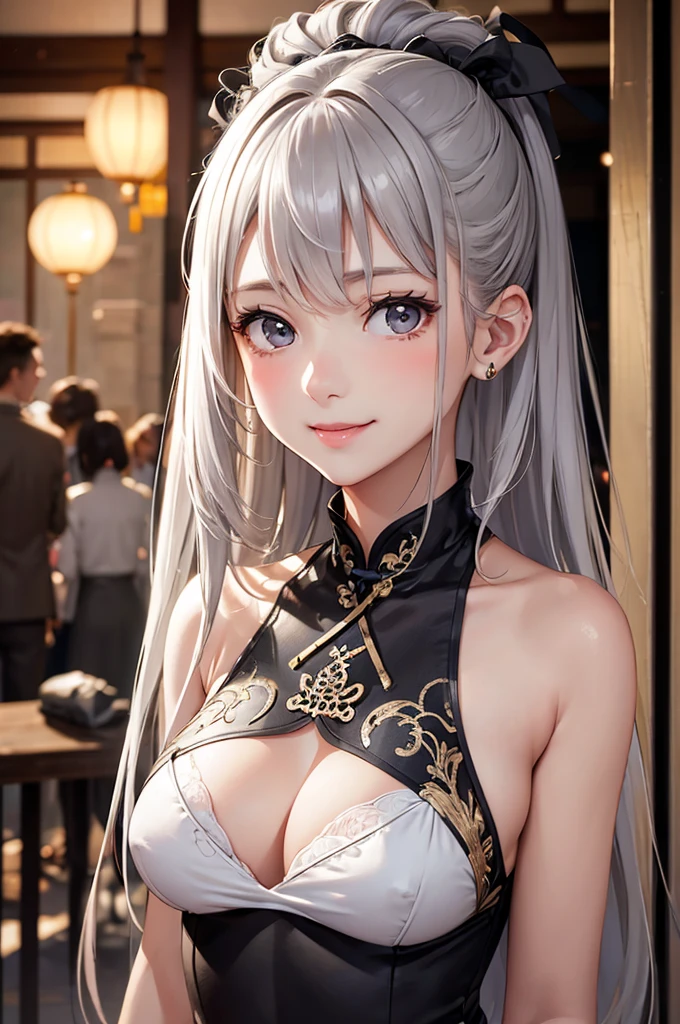 Best Quality,High resolution,8k,finelity detailed background,Masterpiece:1.2),beautiful girl,Glossy romance gray hair,pony tail,Gray eyes,Gentle look,A refreshing look,smile,Best quality,Best Quality,Aesthetic and aesthetic:1.2,Best details((Super detailed))(High-definition CG illustrations),Chinese clothing,Slender body,Party Venue,smile,blush,cute,Scrounge,Looking up,Being spoiled,super model,shoot from,below