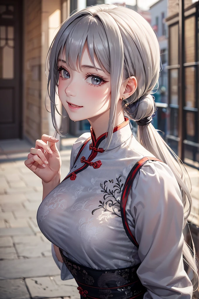 Best Quality,High resolution,8k,finelity detailed background,Masterpiece:1.2),beautiful girl,Glossy romance gray hair,pony tail,Gray eyes,Gentle look,A refreshing look,smile,Best quality,Best Quality,Aesthetic and aesthetic:1.2,Best details((Super detailed))(High-definition CG illustrations),Chinese clothing,Slender body,Party Venue,smile,blush,cute,Scrounge,Looking up,Being spoiled,super model,shoot from side